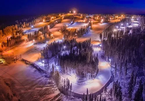 night winter birds eye view of the slopes